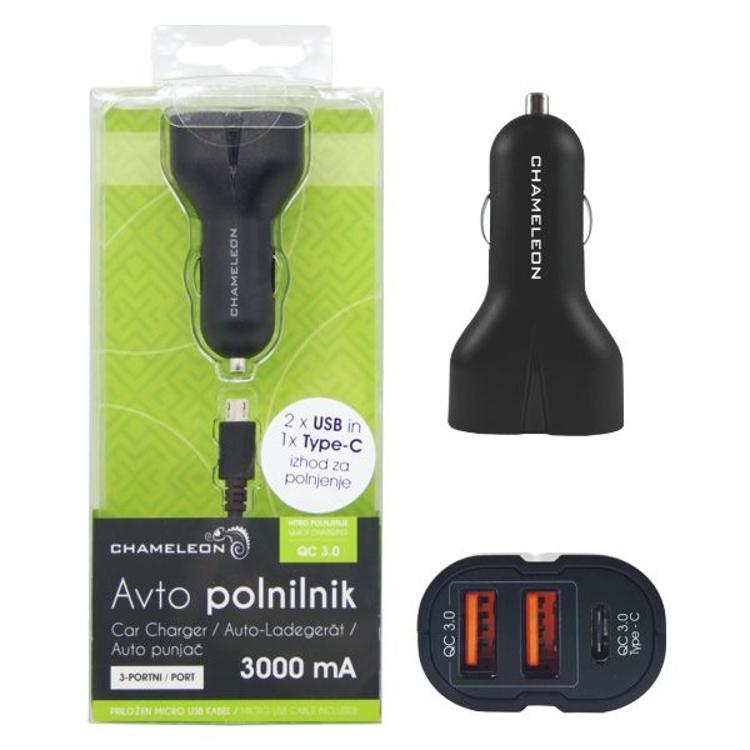 Avto polnilnik Chameleon 3-portni avto polnilnik IBD318-2UC (QC 3.0) (2 x USB vhod, 1 x Type C vhod) z MicroUSB kablom_1