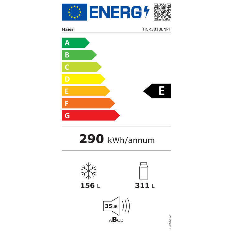 Energijska nalepka za hladilnik Haier HCR3818ENPT z energijskim razredom E, letno porabo 290 kWh, prostornino 311 L (hladilnik) in 156 L (zamrzovalnik) ter glasnostjo 35 dB.