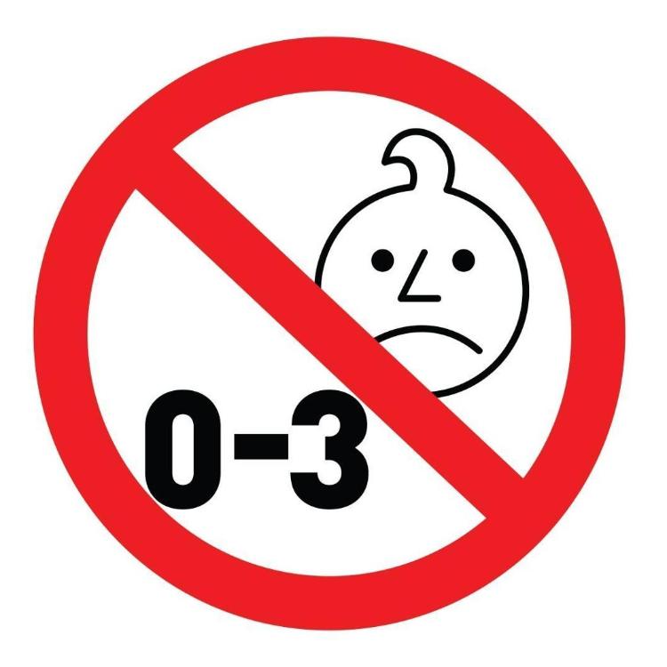 Opozorilni simbol prepovedi za otroke od 0 do 3 let zaradi majhnih delov.