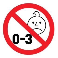 Opozorilni simbol prepovedi za otroke od 0 do 3 let zaradi majhnih delov.
