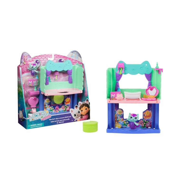 Igralni set Gabby's Dollhouse MerCat's Spa-tacular Bathroom z mini figuro, kopalno kadjo in dodatki, za otroke 3+.
