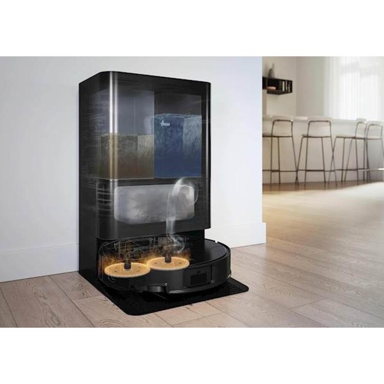 Samopraznilna postaja robotskega sesalnika Hoover, prikaz zbiranja prahu v notranji posodi.