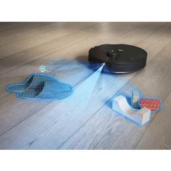 Robotski sesalnik Hoover HG870HU z lasersko navigacijo, prikaz zaznavanja ovir in predmetov na tleh.