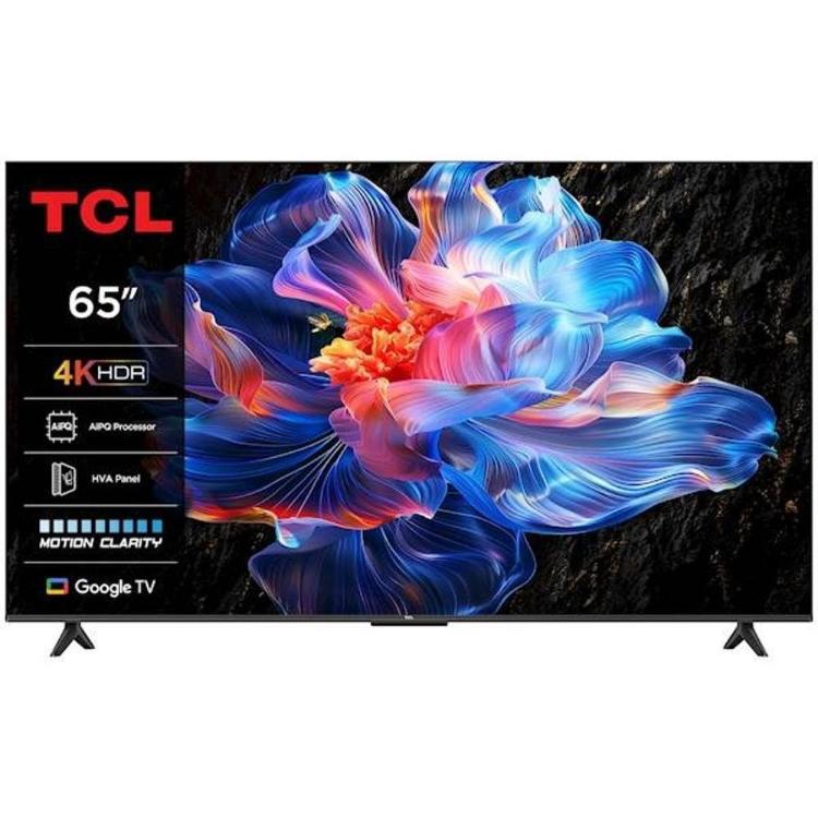 TCL 65‑palčni 4K HDR televizor z Google TV, z živahnimi barvami abstraktnega cveta na zaslonu.