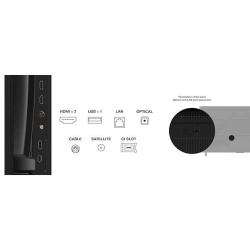 Zadnji priključki televizorja TCL: HDMI x3, USB, LAN, optični izhod, kabelski, satelitski vhod in CI reža.