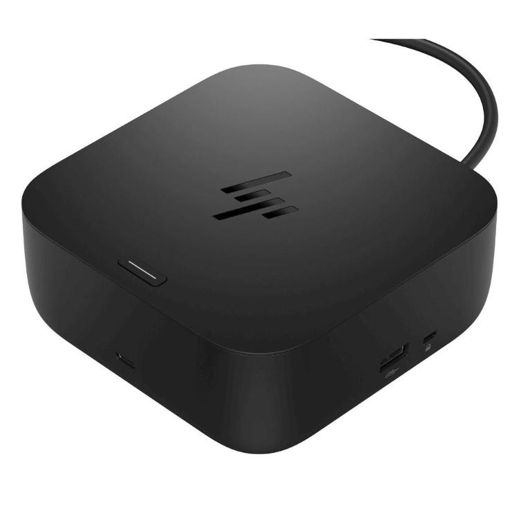 HP USB‑C G6 priklopna postaja v črni barvi z USB‑C povezovalnim kablom in vgrajenimi priključki.