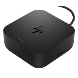HP USB‑C G6 priklopna postaja v črni barvi z USB‑C povezovalnim kablom in vgrajenimi priključki.