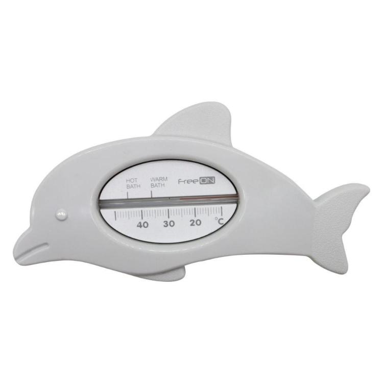 FreeON kopalni termometer v obliki delfina, prikazan s sprednje strani z vgrajeno temperaturno lestvico za merjenje temperature vode.