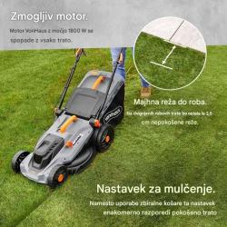 Copilot said: Električna kosilnica VonHaus z močjo 1800 W, 43-centimetrsko širino košnje in 52-litrsko zbiralno košaro omogoča hitro, učinkovito in natančno košnjo srednje velikih ter velikih travnatih površin.