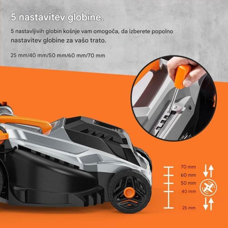 VonHaus kosilnica s petimi nastavitvami višine reza od 25 do 70 mm, funkcijo mulčenja in zmogljivim motorjem zagotavlja prilagodljivo nego trate ter enakomerno urejen videz zelenice.