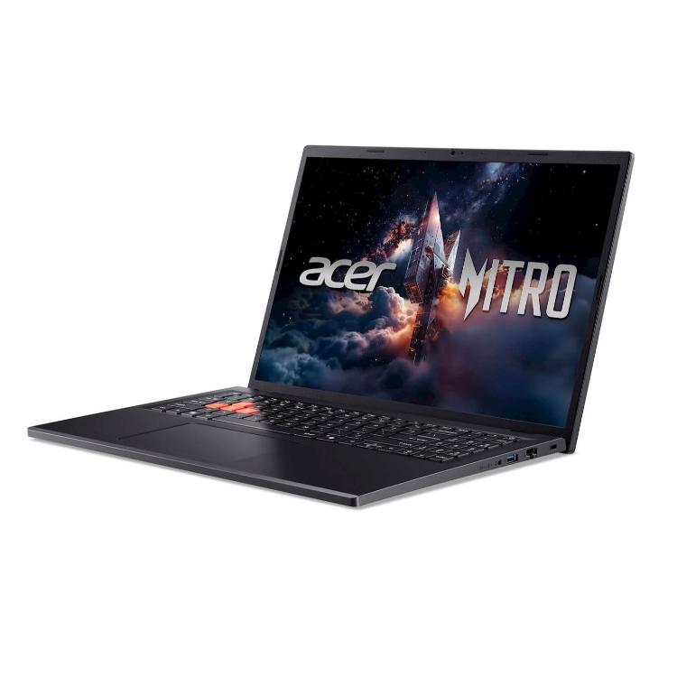 ACER Nitro Lite 16 NL16-71G-50MG, odprt prenosnik s črnim ohišjem, osvetljeno tipkovnico in zaslonom Nitro.