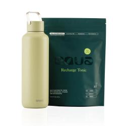 Steklenica za vodo Equa v svetlo zeleni barvi in embalaža Recharge Tonic