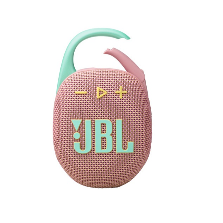 Prenosni zvočnik JBL v rožnato-zeleni kombinaciji z vgrajenim karabinom in gumbi na sprednji strani