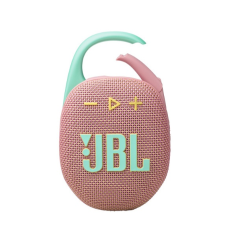 Prenosni zvočnik JBL v rožnato-zeleni kombinaciji z vgrajenim karabinom in gumbi na sprednji strani