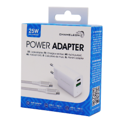 Embalaža hišnega polnilnika Chameleon 25 W GaN z USB‑C in USB‑A priključkoma ter priloženim USB‑C kablom.