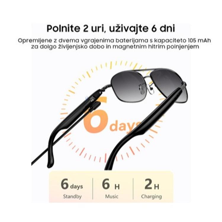 Blackview smart glasses, grafika avtonomije, do 6 dni, 6 h glasbe, 2 h polnjenja, dvojna baterija.