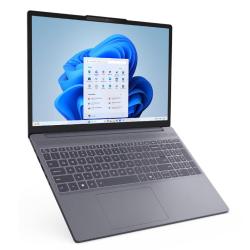 Lenovo prenosnik, prikazan pod kotom z odprtim zaslonom Windows 11, polno tipkovnico in veliko sledilno ploščico.