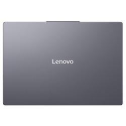 Zaprt Lenovo prenosnik v temno sivi barvi z logotipom Lenovo na pokrovu.