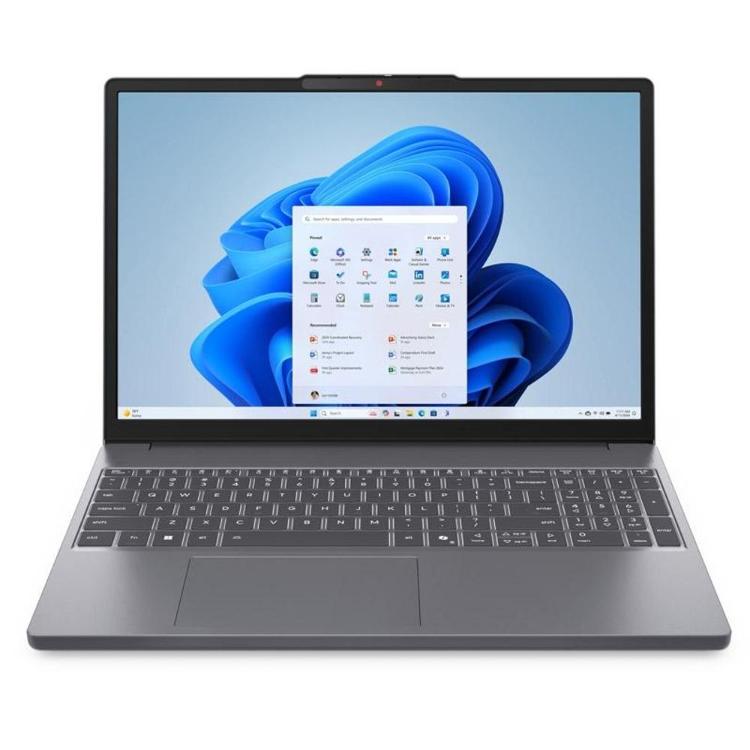 Sprednji pogled na Lenovo prenosnik z zaslonom Windows 11, tankimi robovi in vgrajeno spletno kamero.