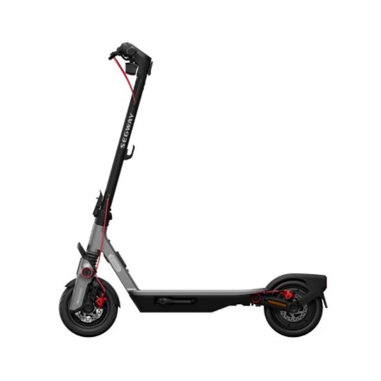 Segway F3 Pro E v stranskem profilu, kompakten mestni skiro, nizko težišče, črno-siva zasnova z rdečimi detajli.