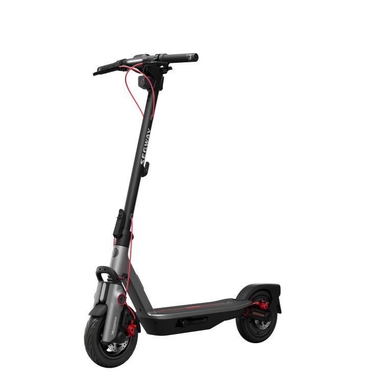 Električni skiro Segway F3 Pro E, sprednji pogled, črn okvir, rdeči kabli, disk zavora, široko stojišče.