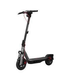 Električni skiro Segway F3 Pro E, sprednji pogled, črn okvir, rdeči kabli, disk zavora, široko stojišče.
