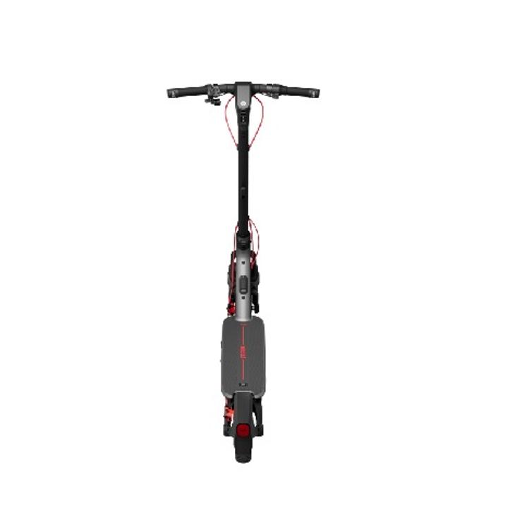 Segway F3 Pro E, pogled od zgoraj, raven krmilnik, osrednji zaslon, črn okvir z rdečimi kabli in poudarki.