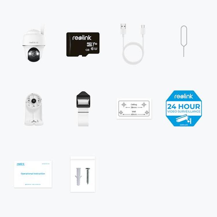 Vsebina paketa Reolink Go G440 vključuje 4G LTE kamero, kartico microSD, USB kabel, nosilec za montažo in pripadajočo dodatno opremo.