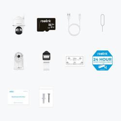 Vsebina paketa Reolink Go G440 vključuje 4G LTE kamero, kartico microSD, USB kabel, nosilec za montažo in pripadajočo dodatno opremo.