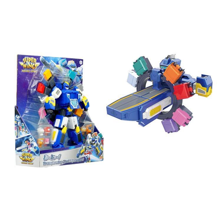 Igralni set Super Wings 3-v-1 Transforming World Spaceport, ki se preoblikuje v vesoljsko postajo,