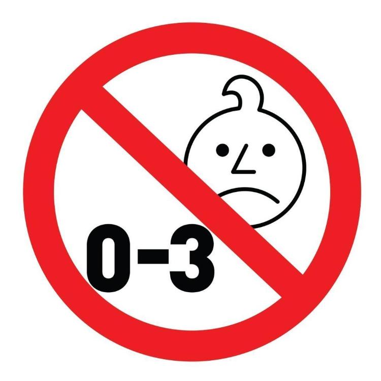 Opozorilni simbol prepovedi za otroke od 0 do 3 let zaradi majhnih delov.