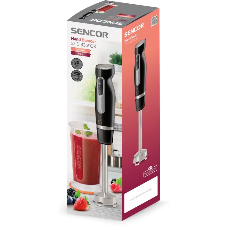 Embalaža paličnega mešalnika Sencor SHB 4359BK z merilno posodo.
