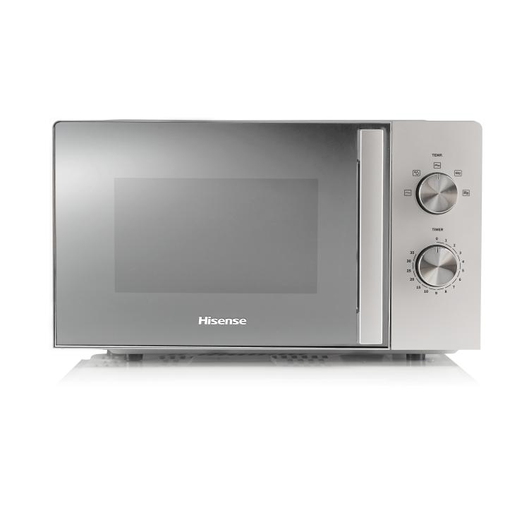 Detajl upravljalne plošče Hisense mikrovalovke z vrtljivima gumboma (TEMP in TIMER) in označenimi programi
