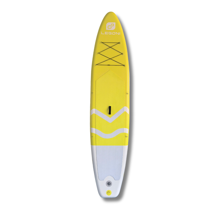 Napihljiv SUP Legoni Marine 12.0", rumeno-bel, nedrsljiva površina, elastike za prtljago, ventil in nosilni ročaj.