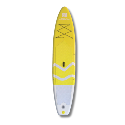 Napihljiv SUP Legoni Marine 12.0", rumeno-bel, nedrsljiva površina, elastike za prtljago, ventil in nosilni ročaj.