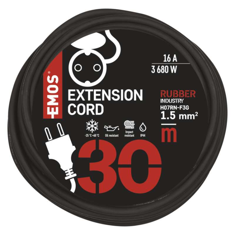 Zunanji podaljšek 30 m / 1 vtičnica / črni / guma-neopren / 250 V / 1,5 mm2