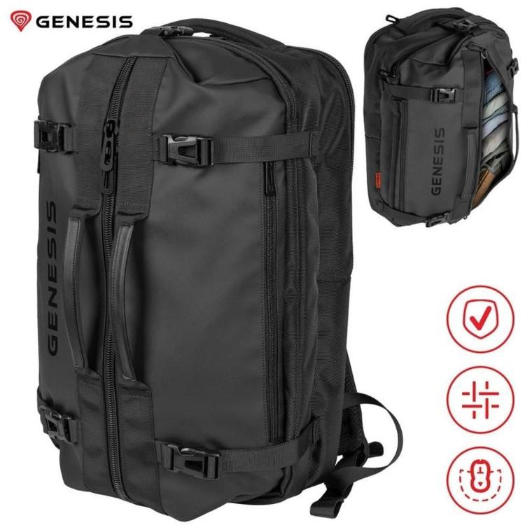 GENESIS Pallad 570 potovalni nahrbtnik z kompresijskimi trakovi, ročajem in več zadrgami.