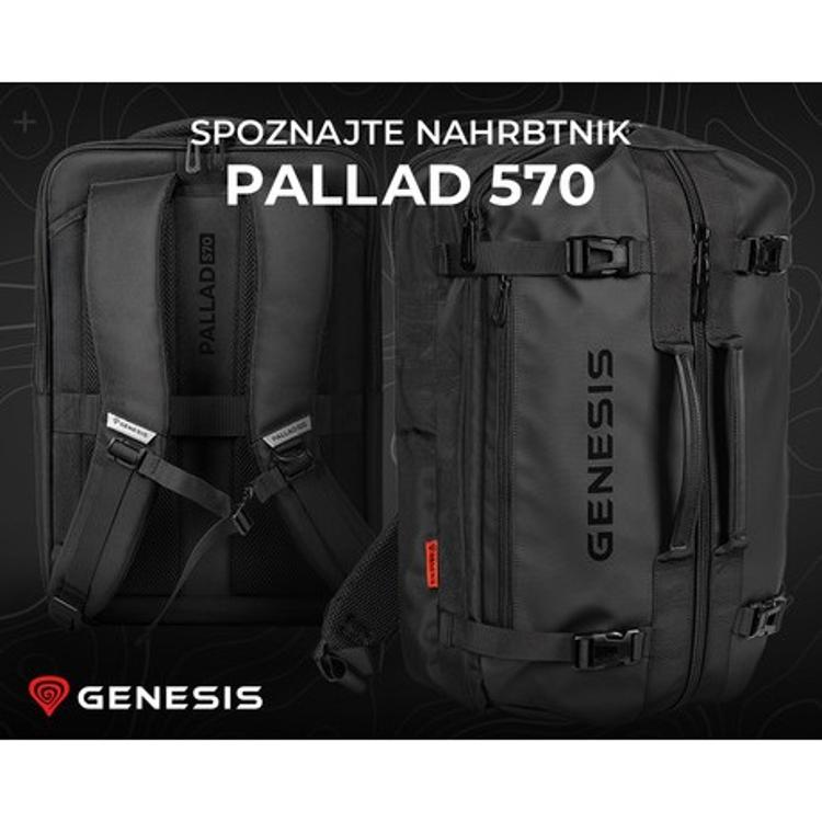 GENESIS Pallad 570, sprednji in hrbtni pogled z oblazinjenimi naramnicami in pasovi.