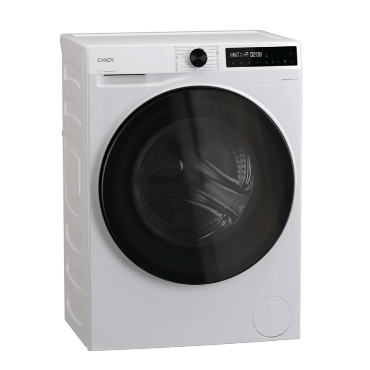 Pralni stroj pod kotom z vidnimi vrati in upravljalno ploščo