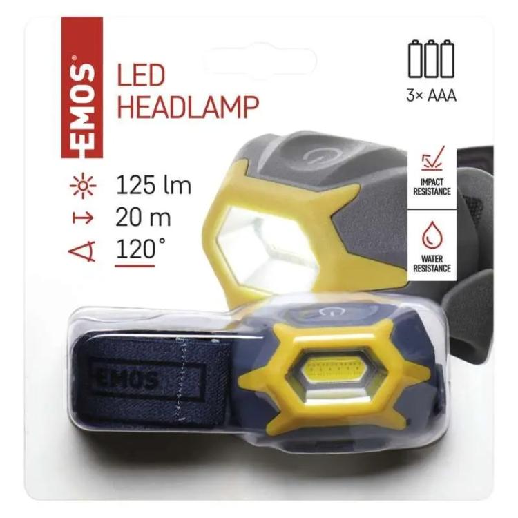 Naglavna LED svetilka Emos COB 3W 3×AAA, 125 lm, 20m