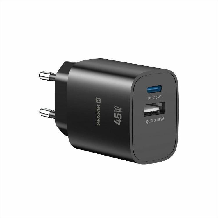 Swissten Edge GaN 45 W z napredno tehnologijo galijevega nitrida (GaN), kompaktnimi dimenzijami 42 × 41 × 29 mm in dvema izhodoma združuje visoko zmogljivost, energetsko učinkovitost ter priročno uporabo doma, v pisarni ali na poti.
