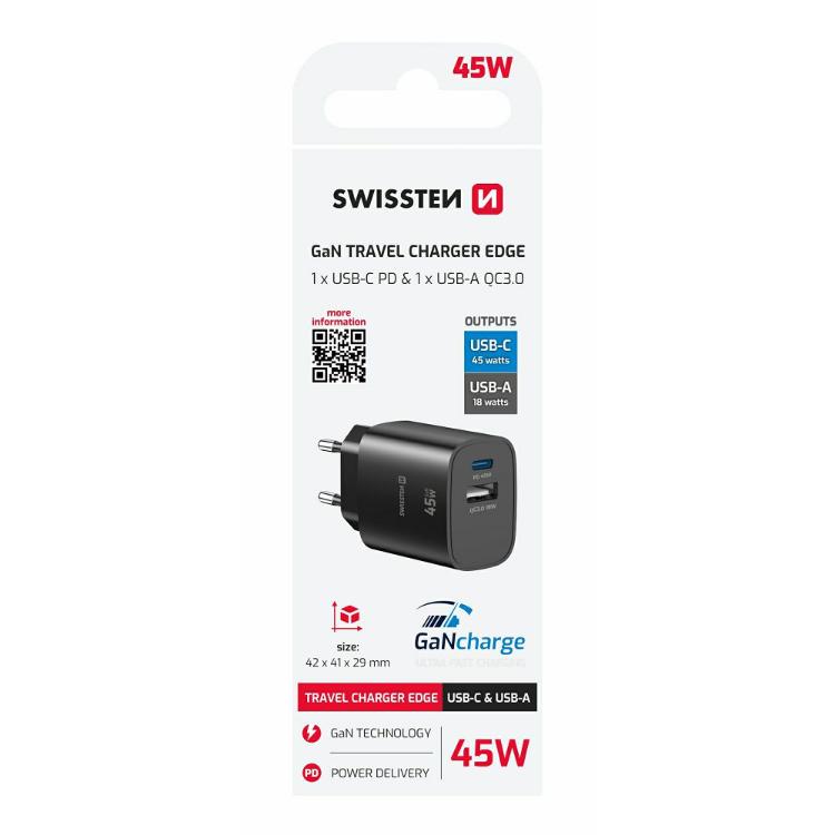 Kompaktni polnilnik Swissten Edge GaN 45 W v črni barvi z USB‑C PD in USB‑A QC 3.0 priključkoma omogoča sočasno polnjenje dveh naprav ter zagotavlja varno, hitro in zanesljivo napajanje za vsakodnevno uporabo.