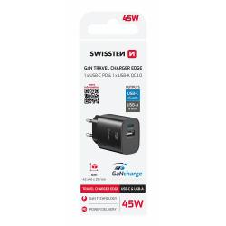 Kompaktni polnilnik Swissten Edge GaN 45 W v črni barvi z USB‑C PD in USB‑A QC 3.0 priključkoma omogoča sočasno polnjenje dveh naprav ter zagotavlja varno, hitro in zanesljivo napajanje za vsakodnevno uporabo.
