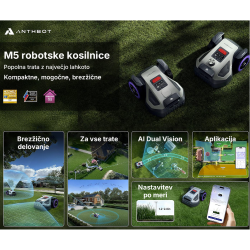 Promocijski prikaz robotske kosilnice ANTHBOT M5 z AI Dual Vision tehnologijo, brezžičnim delovanjem in upravljanjem prek aplikacije.