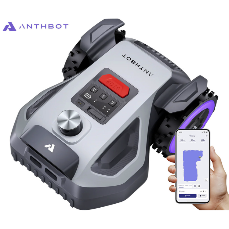 Robotska kosilnica ANTHBOT M5 z brezžičnim upravljanjem prek mobilne aplikacije in prikazom zemljevida košnje.