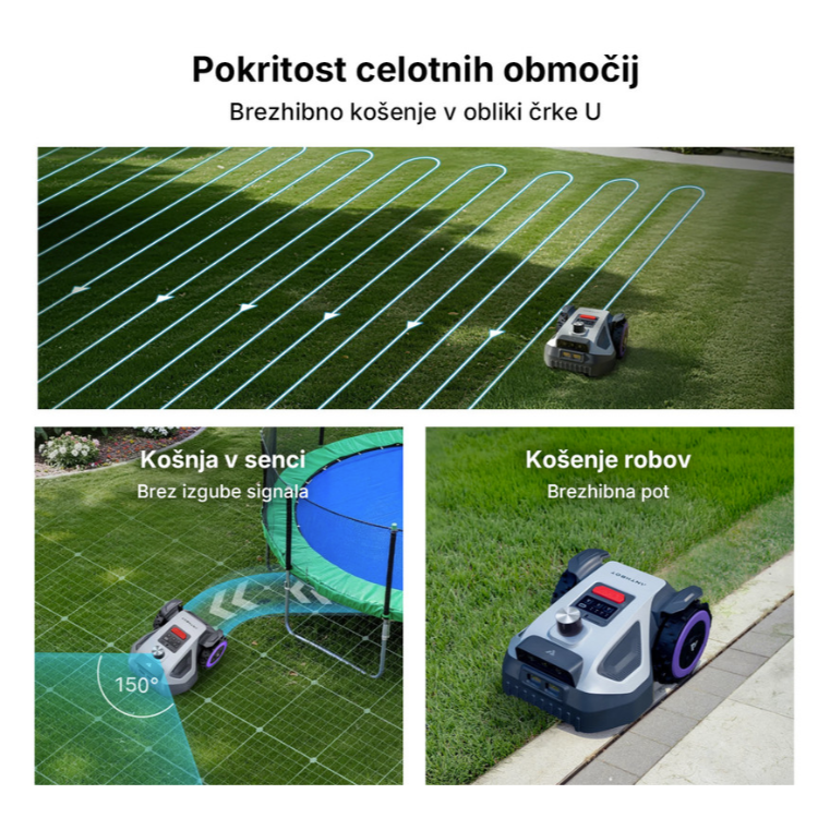 Robotska kosilnica ANTHBOT M5 z brezžično navigacijo za popolno pokritost trate, košnjo ob robovih in delovanje v senčnih območjih.