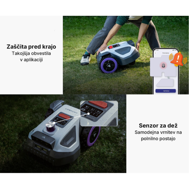 Prikaz robotske kosilnice ANTHBOT M5 z zaščito pred krajo, obvestili v mobilni aplikaciji in senzorjem za dež za samodejno vrnitev na polnilno postajo.