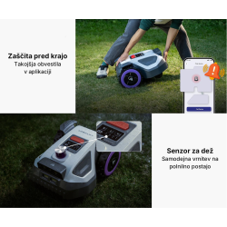 Prikaz robotske kosilnice ANTHBOT M5 z zaščito pred krajo, obvestili v mobilni aplikaciji in senzorjem za dež za samodejno vrnitev na polnilno postajo.