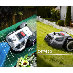 Robotska kosilnica ANTHBOT M5 z označenimi dimenzijami 49,8 × 39,2 cm ter zmožnostjo premagovanja naklonov do 24° oziroma 45 %.