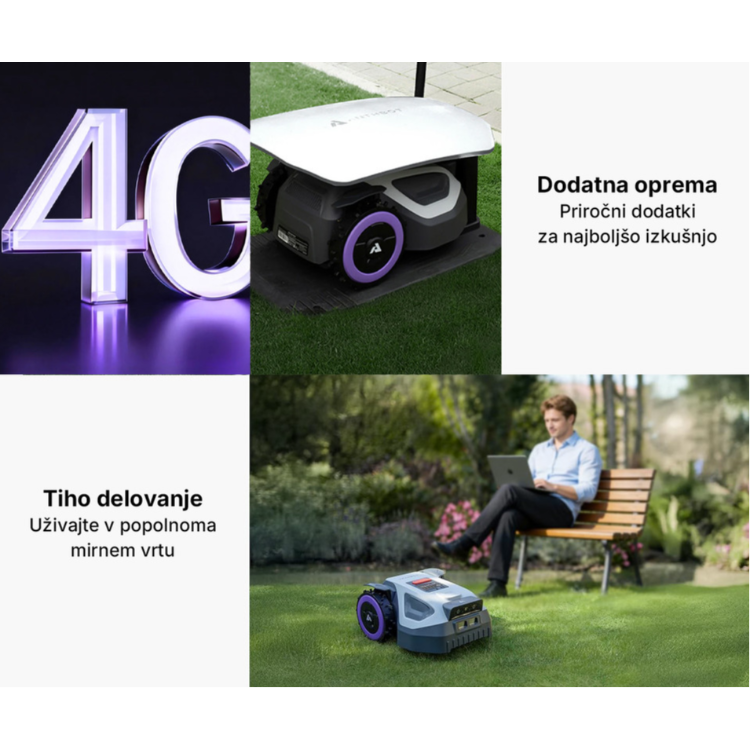 Robotska kosilnica ANTHBOT M5 s podporo za 4G povezljivost, dodatno zaščitno garažo in tihim delovanjem na domačem vrtu.